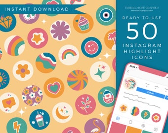 Retro Rainbow Instagram Highlight Icons – 50 Cute Story Covers (Instant Download)