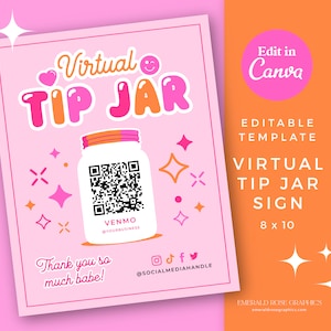 Virtuelles Trinkglas Zeichen 20x26cm | Bearbeitbare Canva Vorlage - Süßes Rosa Bubble Logo QR-Code-Zeichen, druckbarer Tipp DIY Venmo Cashapp Zahlung, Beauty Hub