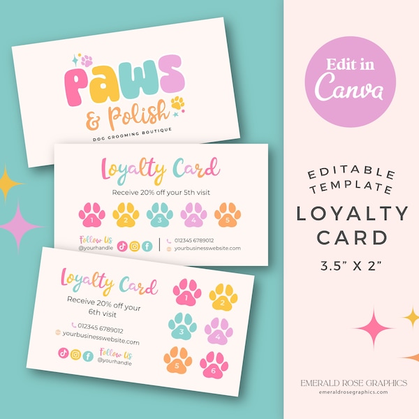 Dog Grooming Loyalty Card Canva Template | Business Card Design, DIY Editable Card, Rainbow Paw Print Pet sitting, cat dog walking - 0135