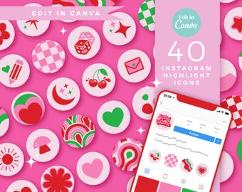 40 Editable Instagram Highlight Covers Pink Red Cherry - DIY Covers for Instagram Stories - Instagram Highlights Colourful Icons - 0136
