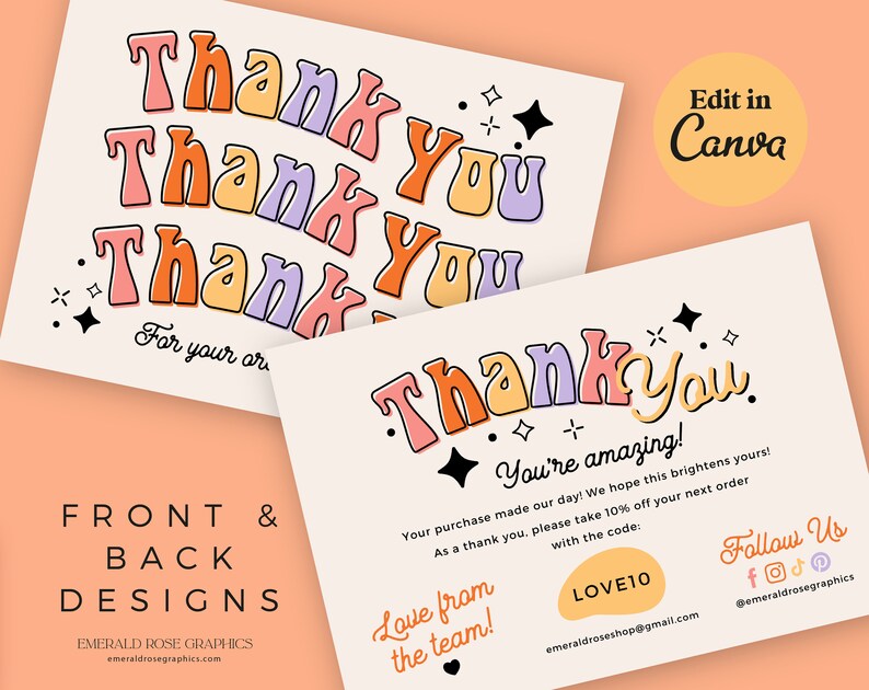 Thank You Card | Wavy Retro Editable Canva Template- Rainbow ...