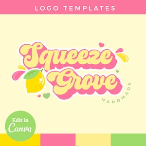 DIY Pink Yellow Lemon Logo Canva Template | Editable Fun Retro Logo Design, Cute funky Logo, Beauty brand, Y2k girly Citrus, Lemonade - 0139