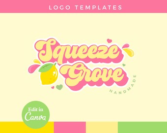 DIY Pink Yellow Lemon Logo Canva Template | Editable Fun Retro Logo Design, Cute funky Logo, Beauty brand, Y2k girly Citrus, Lemonade - 0139