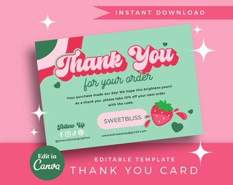 Thank You Card | Pink Strawberry Editable Canva Template- Retro Y2K Customisable Thankyou Order Card, Small Business Funky Cute Logo- 0137