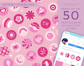 50 Instagram Highlight Icons- Pink Retro Design | Instagram Story Cover photo, Instant Download, Funky Branding, Boho Hippie 70s Bohemian