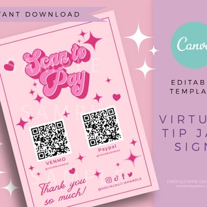 Scan To Pay Sign | Editable Canva Template- Pink Retro Customisable QR Code Sign, Printable Tips , 5x7 DIY Venmo Cashapp Payment Sign