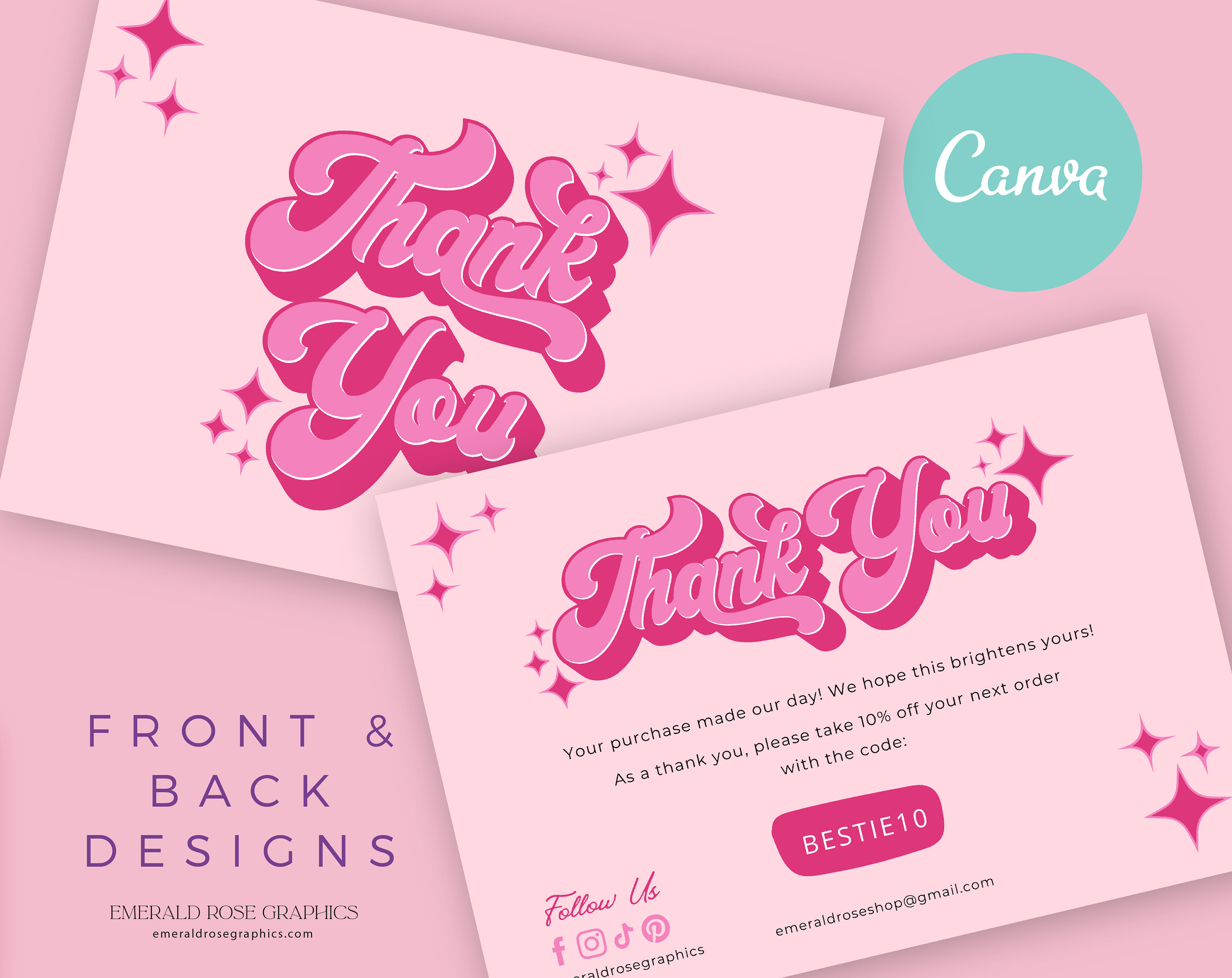 Pink Retro Thank You Card Template | Editable in Canva (digital ...