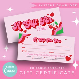 Chèque-cadeau | Modèle de toile modifiable - Bon cadeau rétro personnalisable cerise rouge rose, carte de commande, logo assez funky de beauté Y2k - 0136