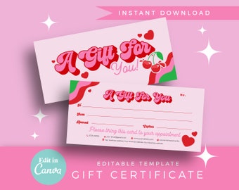 Gift Certificate | Editable Canva Template- Pink Red Cherry Customisable Retro Gift Voucher Order Card, Y2k Beauty Pretty Funky Logo- 0136
