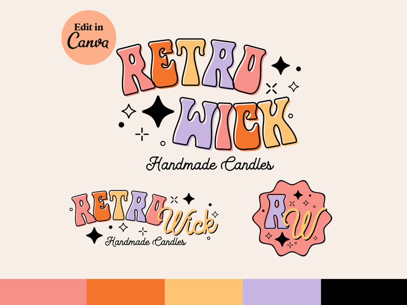 CANVA Wavy Retro Logo DIY Template | Retro Wick Pretty Editable Logo ...