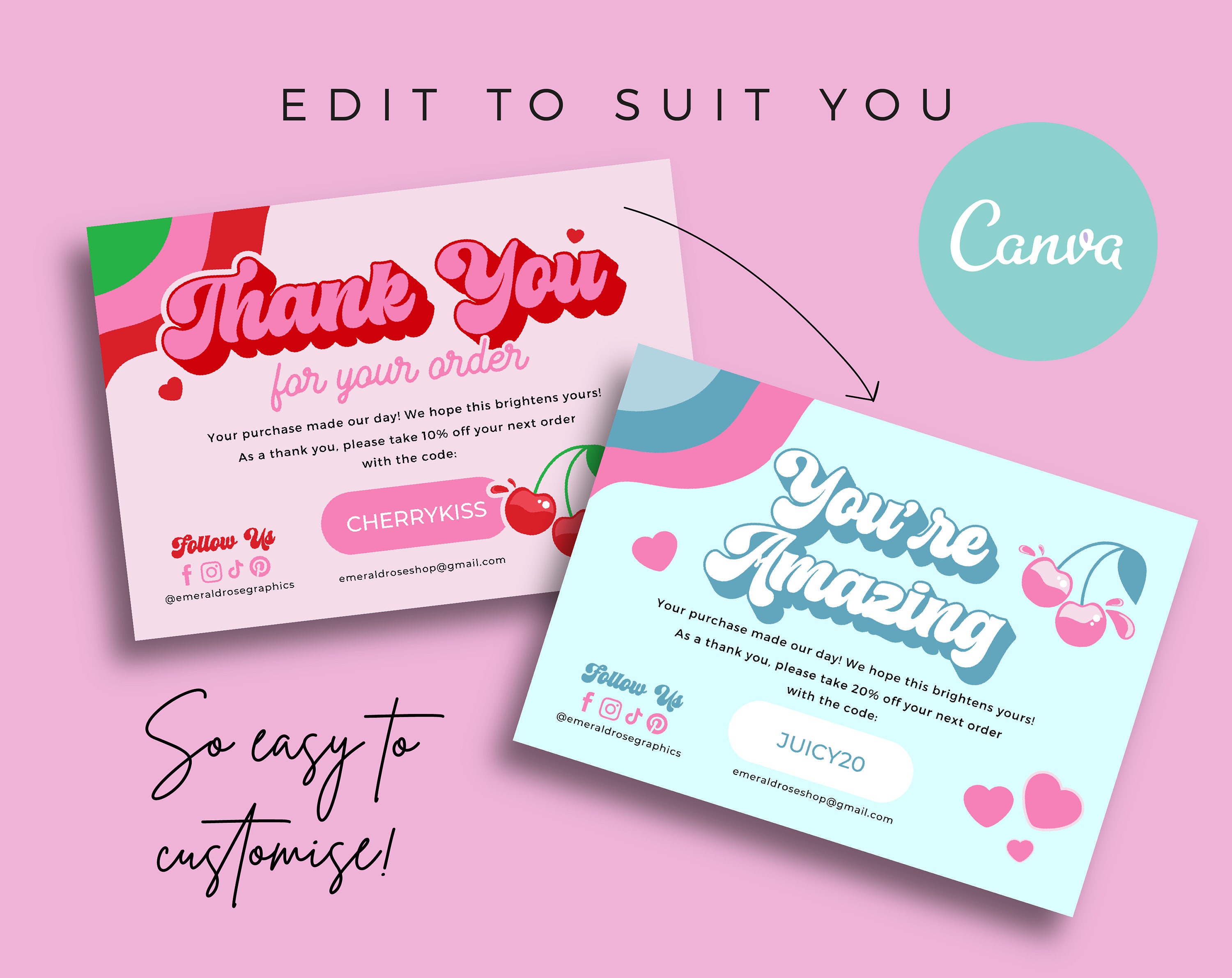 Thank You Card | Pink Red Cherry Editable Canva Template- Retro Y2K ...