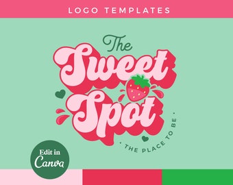 DIY Pink Strawberry Logo Canva Template | Editable Fun Retro Logo Design, Cute funky Logo, Beauty branding, Y2k girly Cafe, Bakery - 0137