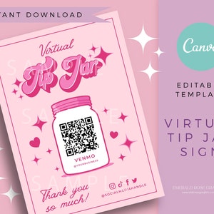 Virtueel bord met tippot | Bewerkbare canvassjabloon: roze retro aanpasbaar QR-codebord, afdrukbare tips, DIY Venmo Cashapp-betalingsbord