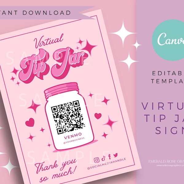Virtual Tip Jar Sign | Editable Canva Template- Pink Retro Customisable QR Code Sign, Printable Tips , DIY Venmo Cashapp Payment Sign