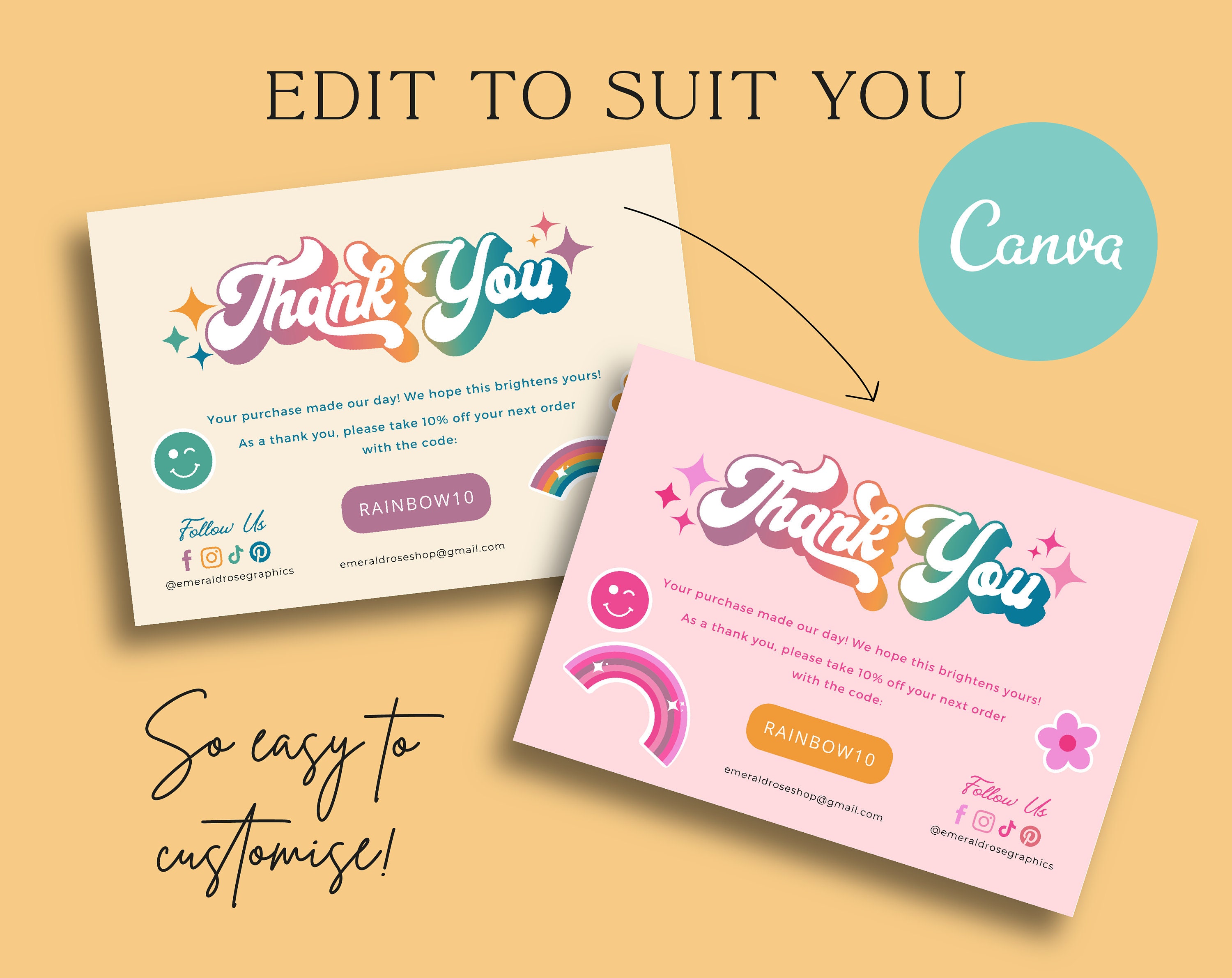 Thank You Card | Editable Canva Template- Retro Rainbow Customisable ...