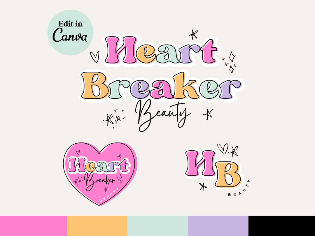 DIY Rainbow Heart Logo Canva Template | Heart Breaker Editable Retro ...