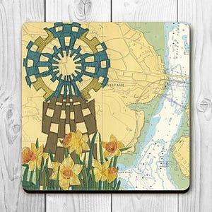 Dessous de verre Cornish Cross Saltash Cornouailles par Hannah Wisdom Textiles | Thèmes côtiers sur d'anciennes cartes marines