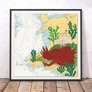Dragão Galês em Cardiff impressão de belas artes giclée | Hannah Wisdom Textiles arte têxtil temas costeiros costurados em mapas de cartas marítimas antigas