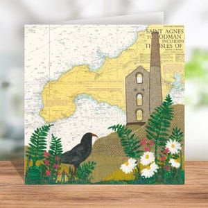 May include: A colourful illustration of a bird perched on a grassy hill with a stone building and a tall chimney in the background. The illustration is set against a nautical map with the text "Saint Agnes to Godman including the Isles of Scilly" visible.