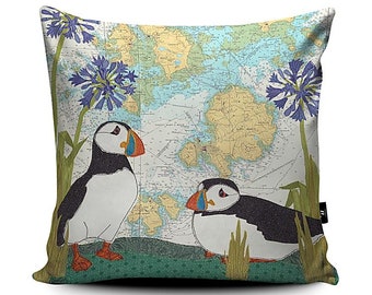 Puffins at Scilly cushion - coastal themes on old sea charts maps cushions Hannah Wisdom Textiles