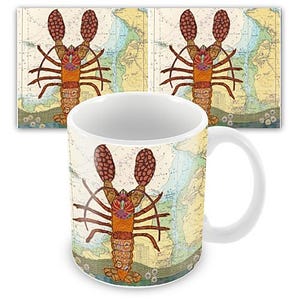 Mug Homard à Padstow Cornwall - thèmes côtiers cousus sur de vieilles cartes marines Hannah Wisdom Textiles
