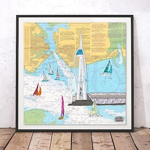 Spinnaker Tower Portsmouth impressão de belas artes giclée | Hannah Wisdom Textiles arte têxtil temas costeiros costurados em mapas de cartas marítimas antigas