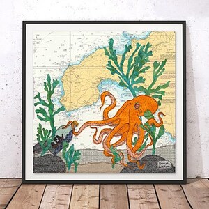 Polvo em Penzance impressão de belas artes giclée | Hannah Wisdom Textiles arte têxtil temas costeiros costurados em mapas de cartas marítimas antigas