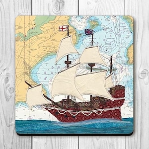 Mayflower at Cawsand Cornwall Devon sous-verre sous-plat par Hannah Wisdom Textiles | Thèmes côtiers sur d'anciennes cartes marines