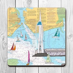 Sous-verre Spinnaker Tower Portsmouth par Hannah Wisdom Textiles | Thèmes côtiers sur d'anciennes cartes marines