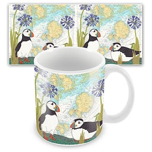Mug macareux aux îles Scilly - thèmes côtiers cousus sur de vieilles cartes marines Hannah Wisdom Textiles