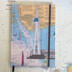 Carnet de notes Spinnaker Tower A5 à couverture rigide par Hannah Wisdom Textiles | Thèmes côtiers sur d'anciennes cartes marines
