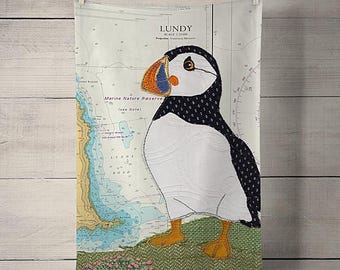 Puffin at Lundy Tea Towel Hannah Wisdom Textiles | chart map nautical seaside coastal