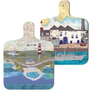 Planche à découper Plymouth Hoe Lido et Frigate Mini par Hannah Wisdom Textiles | Art textile cousu sur de vieilles cartes marines des côtes du Devon en Cornouailles
