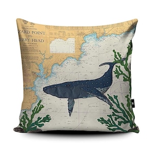 Oreiller de coussin côtier Baleine à Falmouth - thèmes côtiers sur de vieilles cartes marines coussins par Hannah Wisdom Textiles | Cornouailles