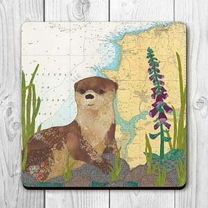May include: A brown and tan otter with a floral pattern on its fur is sitting on a rock with green grass and a purple flower in the background. The otter is looking to the right. The background is a nautical chart.