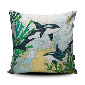 Orque des Orcades, coussin - thèmes côtiers sur de vieilles cartes marines, coussins Cornouailles par Hannah Wisdom Textiles