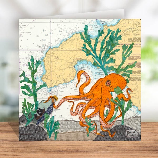 Octopus at Penzance Cornwall card by Hannah Wisdom Textiles | textile art sewn on old sea charts maps