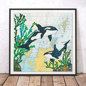 Orca em Orkney impressão de belas artes giclée | Hannah Wisdom Textiles arte têxtil temas costeiros costurados em mapas de cartas marítimas antigas