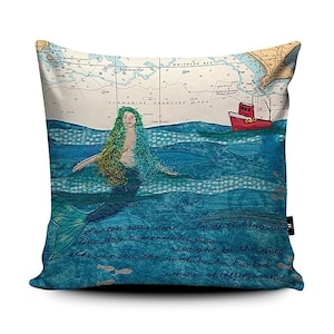 Sirène à Seaton Whitsand Bay coussin - thèmes côtiers sur de vieilles cartes marines coussins Hannah Wisdom Textiles | Devon, Cornouailles