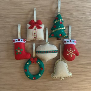 Felt Christmas tree decorations - red gold green collection - wool blend felt, stuffed, sequins - stocking mitten bell bauble wreath present