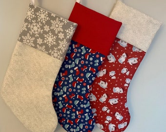 Christmas stockings - lined, contrasting cuff, white ribbon loop, 43cm cuff to toe - white, grey, blue, red, snowflakes, polar bears, silver