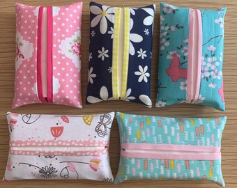 Fabric pocket tissue holders - patterned outer fabrics with complementary linings - ideal for handbags - flowers, butterflies, foxes, crowns