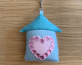 House home keyring - pale blue, turquoise & pink wool blend felt - pink heart + sequins - stuffed - blue ribbon loop - silver chain - keys