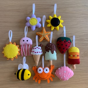 Felt Summer decorations - wool blend, stuffed, white ribbon, sequins - bee, sunflower, shell, ice cream, strawberry, lolly, crab, starfish