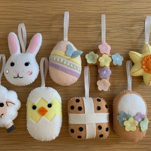 Felt Spring Easter decorations - wool blend, stuffed, white ribbon, sequins - chick, sheep, cross, bun, egg, daffodil, bunny rabbit, basket