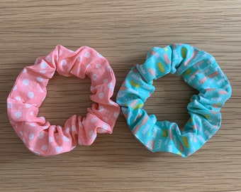 Hair scrunchies - coordinating set of 2 - 8" elastic - crowns, spots - turquoise, white, peach, pink, mustard - bobbles, ties, accessories