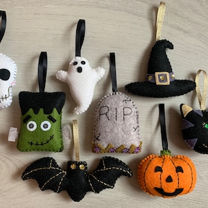 Felt Halloween decorations - wool blend, stuffed, black / gold ribbon, sequins - witch, skull, bat, ghost, pumpkin, Frankenstein, cat, grave