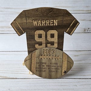Personalized Wooden Sports Shelf Decor, Custom Name & Year Keepsake for Athletes Engraved Sports Jersey, Laser Cut Keepsake Team, Football