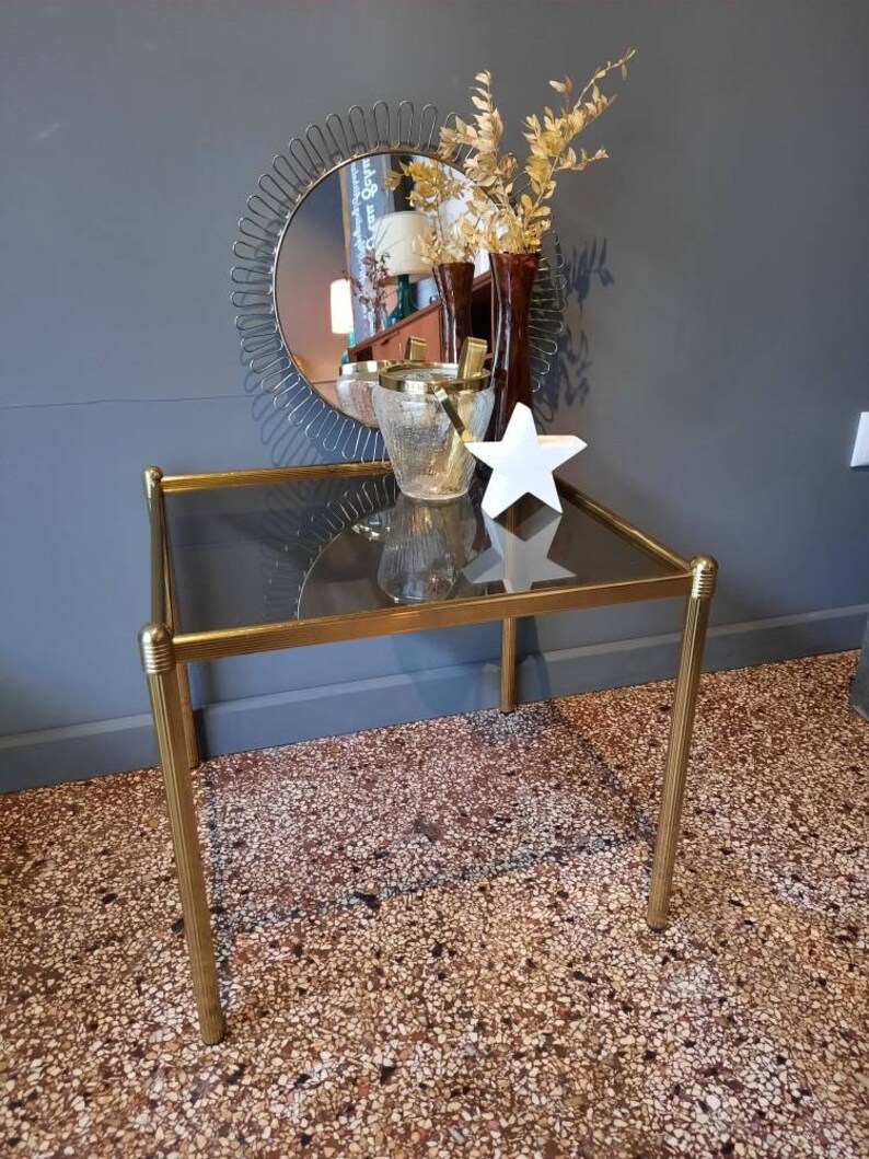Small Side Table Smoked shops Glass Table Brass Gold 60s 70s Coffeetable vintage Mid Century Smoked Glass Cocktail Table Table Hollywood Regency