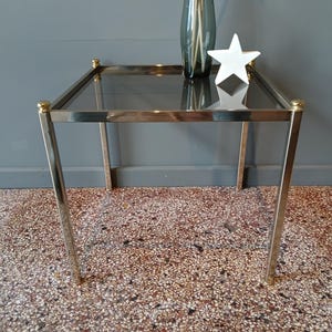 small side table smoked glass table brass gold 60s 70s coffee table vintage Mid Century smoked glass cocktail table Hollywood Regency